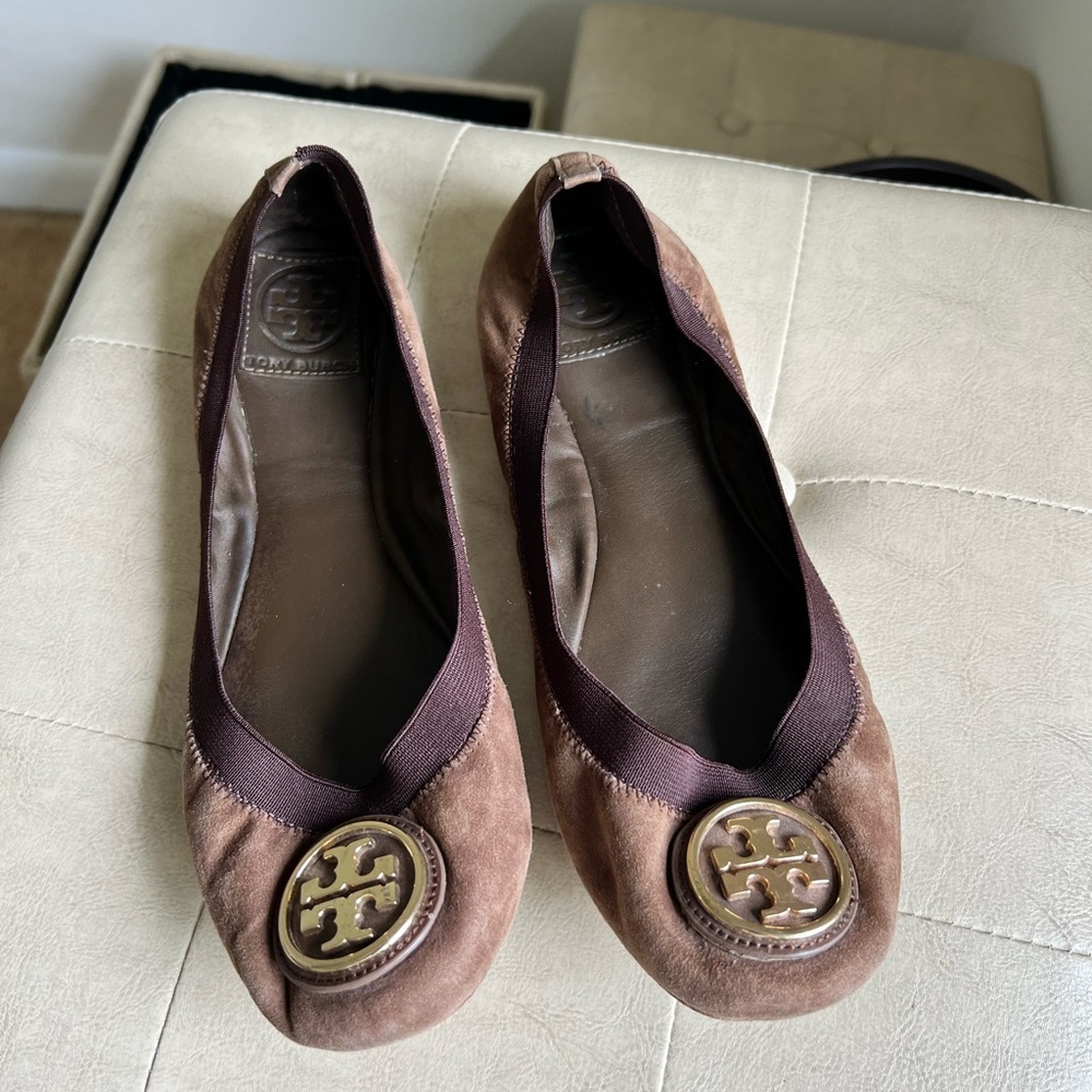 Tory Burch Brown Suede Flats with Iconic Medallion